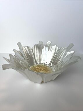 Vintage AKCAM Turkish Art Glass Bowl Iridescent White Gold Sunflower 11.5”